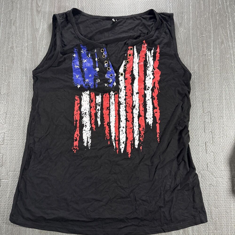 Flamingals Women’s  American Flag Graphic Tank Size Large Black Patriotic USA